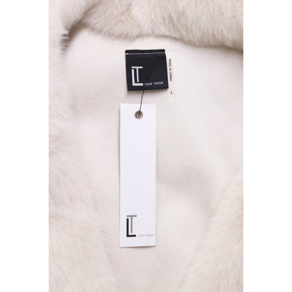 NWT Love Token Bentley Faux Fur Tie Wrap Jacket Oversized Notch Lapel Ecru White - Picture 4 of 8